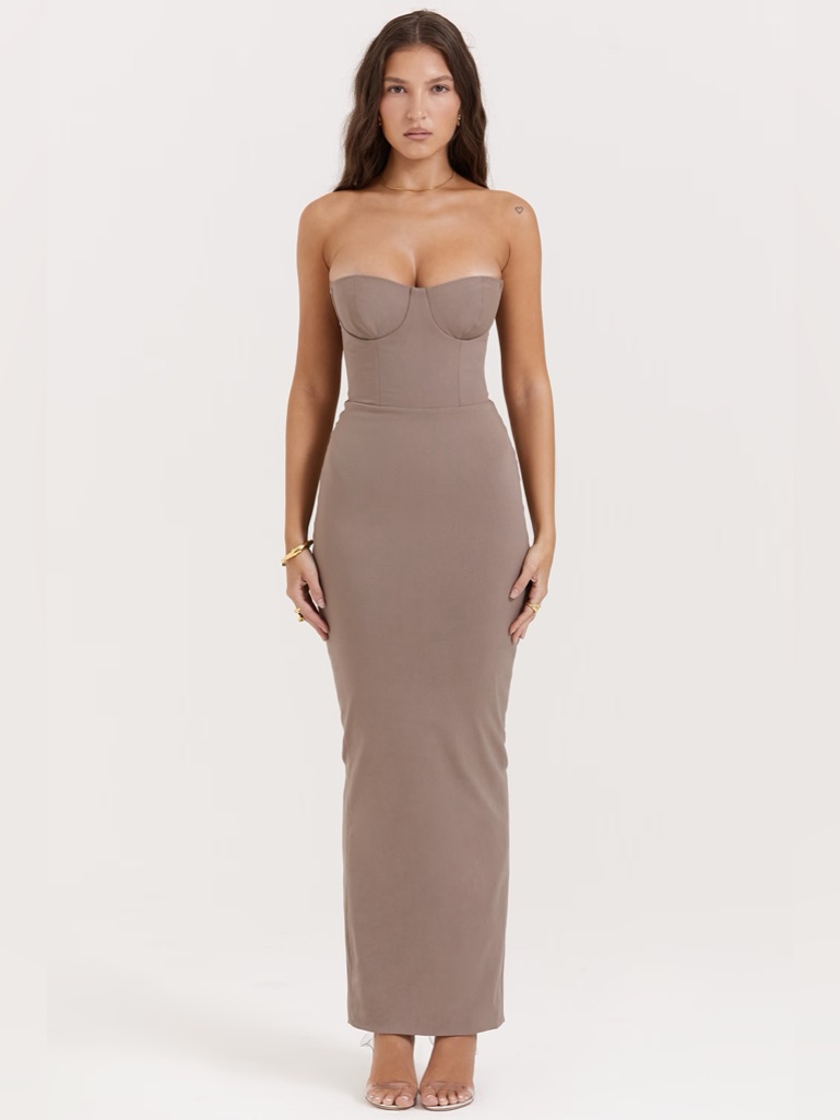 House Of Cb London Large Plus Cup Lucia Taupe Strapless Corset Maxi Dress